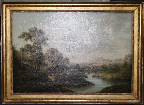 19th century English School Valley with ruins and boatmen, 17 x 25in.